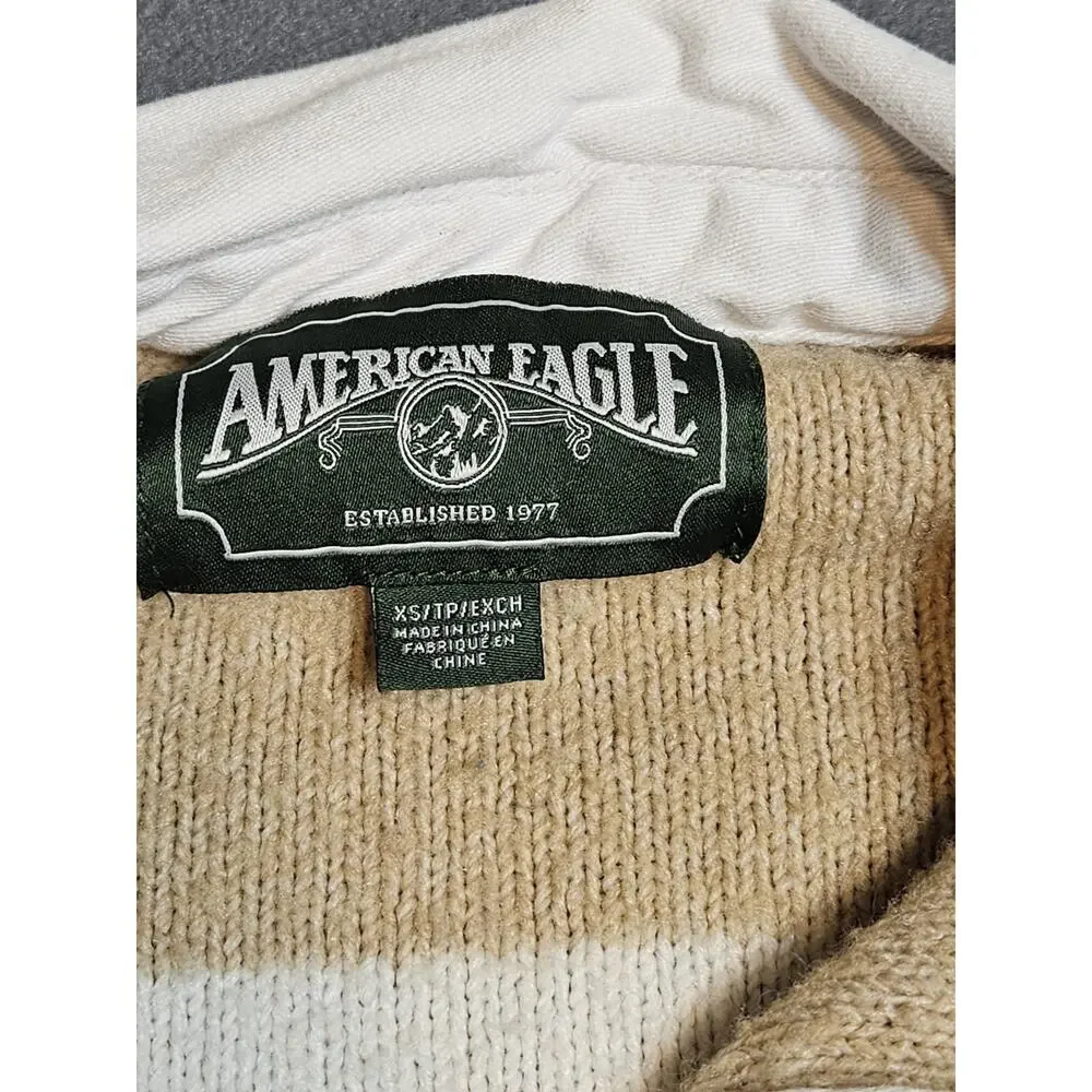 American Eagle Sweater Womens XS Tan White Striped Cropped Preppy Cozycore - Picture 3 of 7